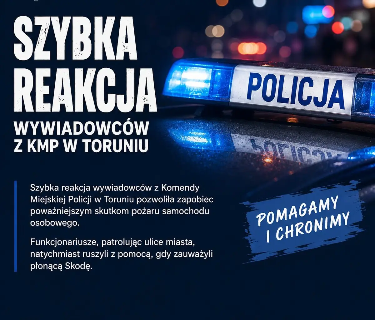 Interwencja policji w Toruniu zapobiegła rozprzestrzenieniu się pożaru samochodu