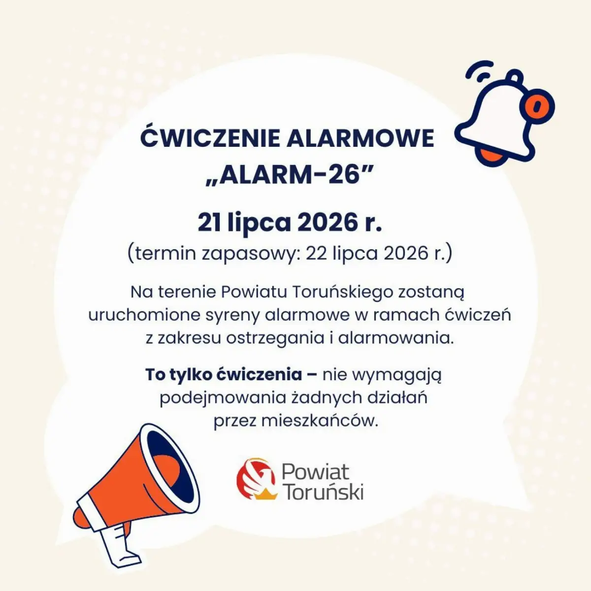 Ćwiczenie 'ALARM-26' w Powiecie Toruńskim - informacje dla mieszkańców