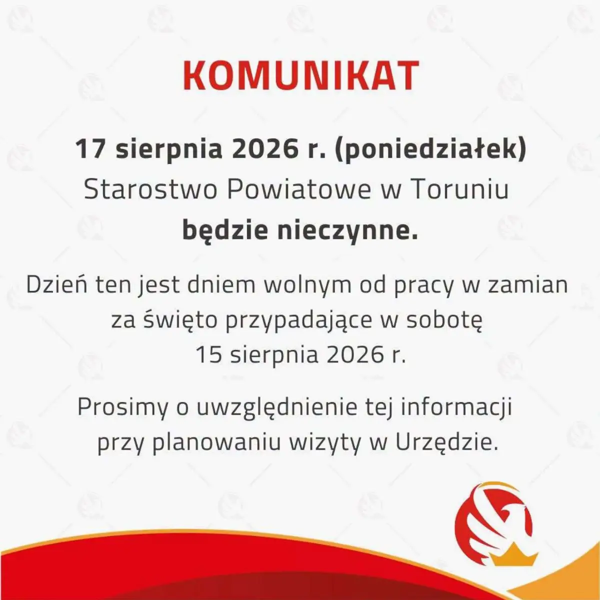 Dzień wolny od pracy w Starostwie Powiatowym w Toruniu - 17 sierpnia 2026 r.