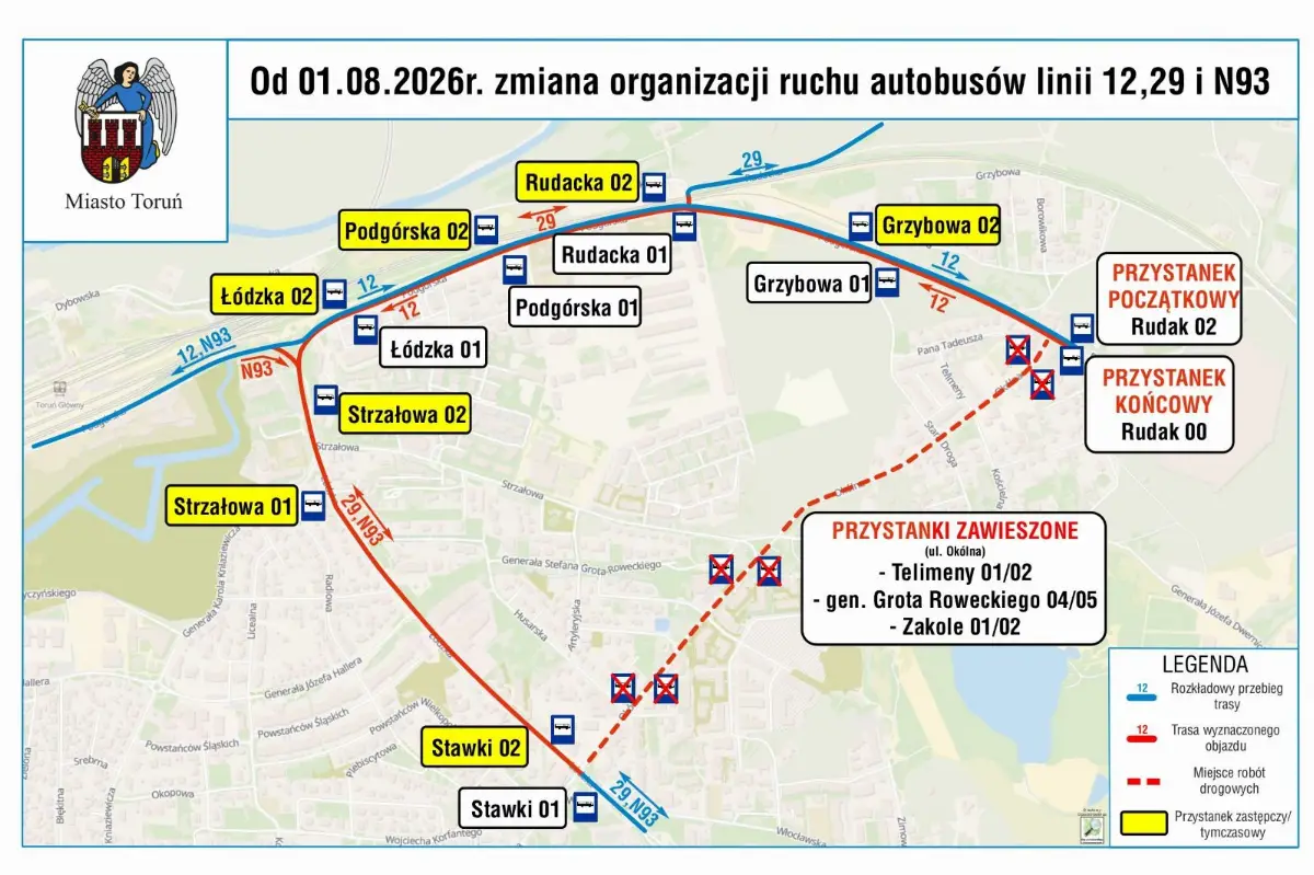 Zmiana tras autobusów linii 12, 29 i N93 od 1 sierpnia