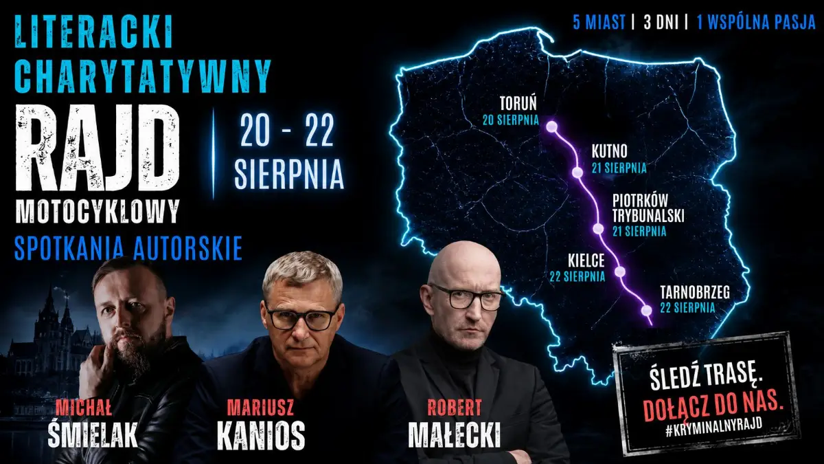 20 sierpnia: Literacki Charytatywny Rajd Motocyklowy z udziałem Małeckiego, Kaniosa i Śmielaka