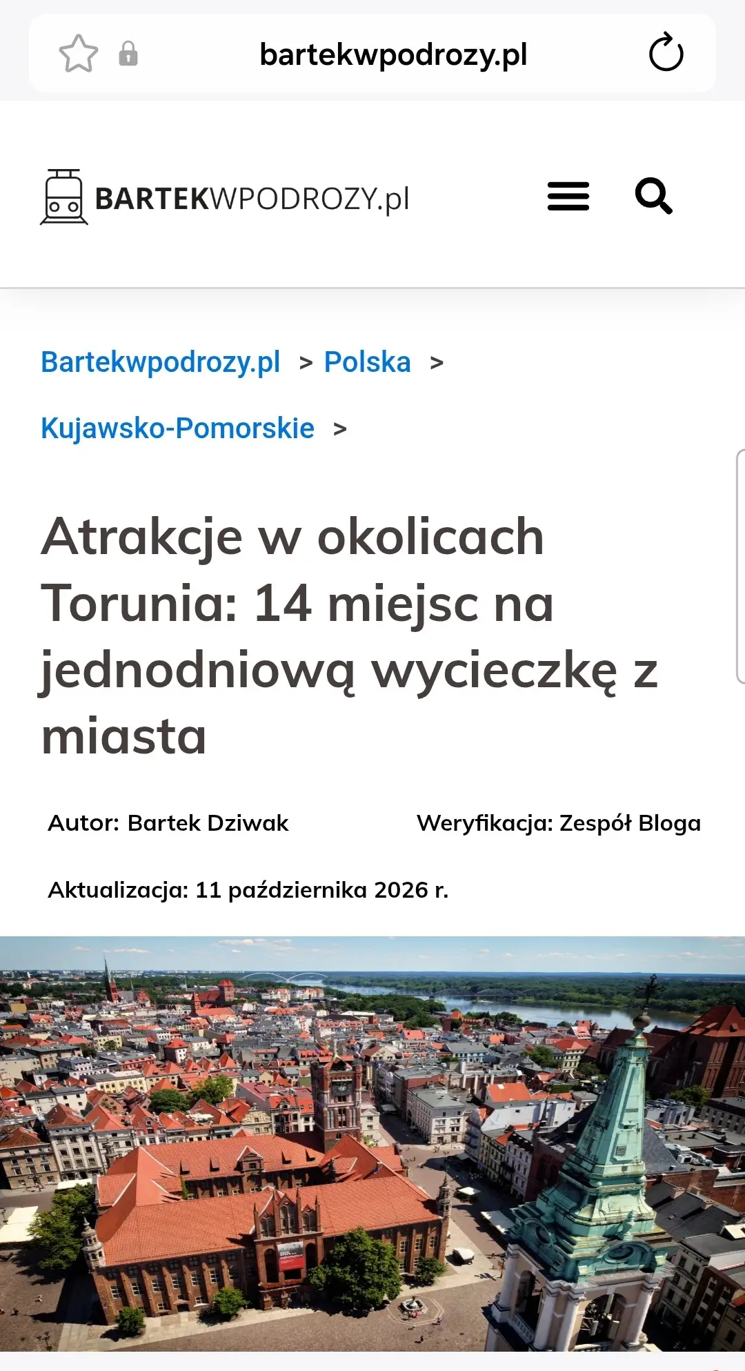 Metropolia Toruńska promowana na blogu podróżniczym